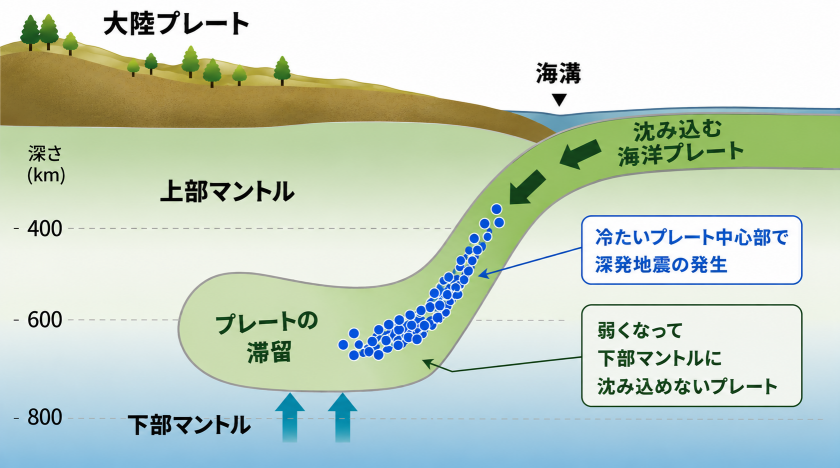 深発地震とプレート弱化、2つの謎を世界で初めて統⼀的に解明 ― 相転移ナノ粒⼦が⽀配する地下600kmの岩⽯変形メカニズム ―