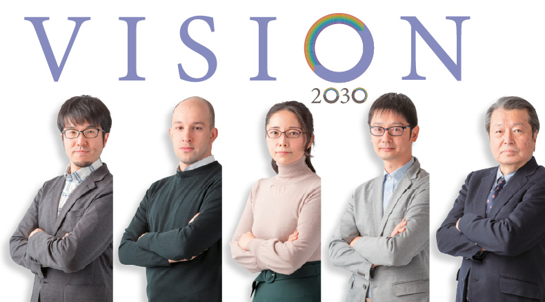 Four early-career researchers and President Ishibashi cross their arms and look straight into your soul