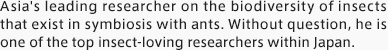 Asia's leading researcher on the biodiversity of insects that exist in symbiosis with ants. Without question, he is one of the top insect-loving researchers within Japan.