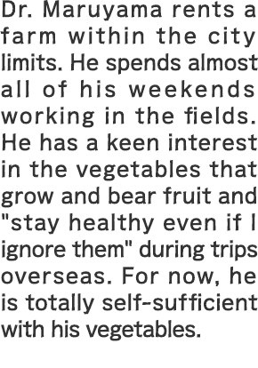 Professor Maruyama rents a farm within the city limits. He spends almost all of his weekends working in the fields. He has a keen interest in the vegetables that grow and bear fruit and "stay healthy even if I ignore them" during trips overseas. For now, he is totally self-sufficient with his vegetables.