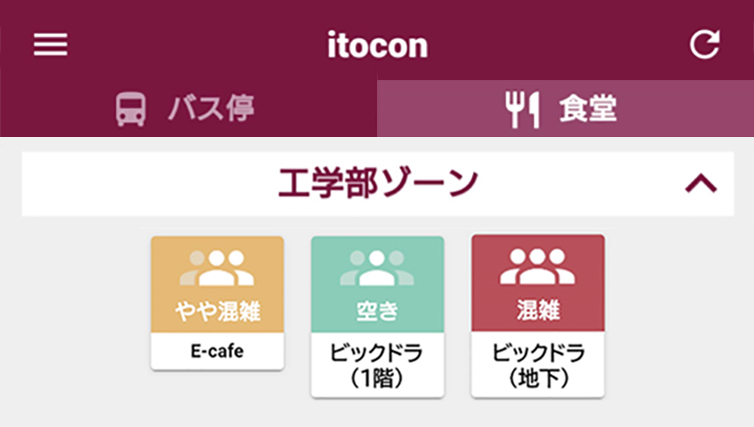 バス停混雑度情報可視化システム「itocon（いとこん）」 に、食堂混雑度情報も追加！