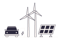 Line art of, from left to right, a car, a charging point, two wind turbines, and a solar panel