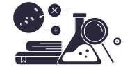 Line art of a book, petri dish, Erlenmeyer flask, and magnifying glass